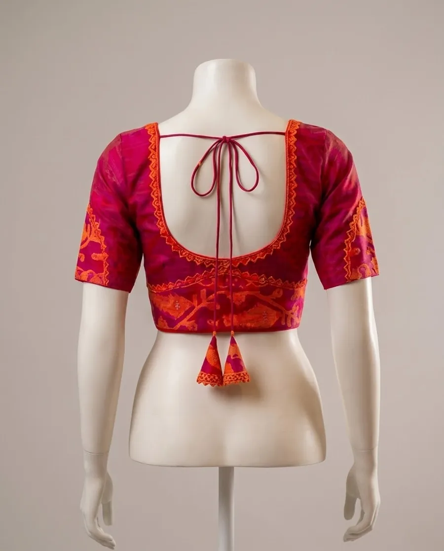 Gulabi Panchami — Raw silk contrast embroidery blouse with a deep u neckline, styled for Panchami
