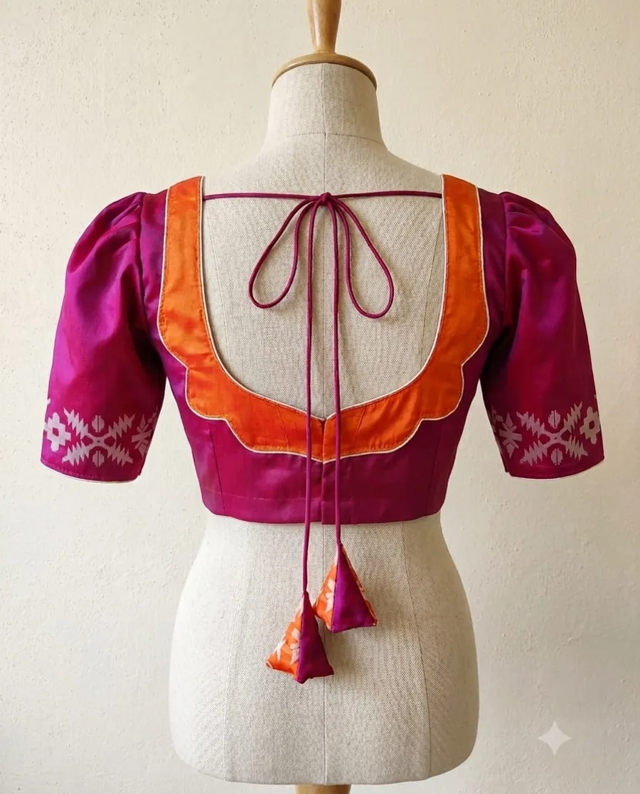 Jamun Saptami — Art silk contrast border & embroidery blouse with a scalloped u-neck neckline, styled for Saptami