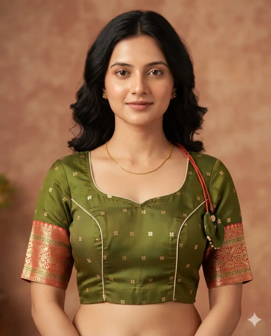 Kanjivaram Bloom — Silk zari booti weave blouse with a u-neck neckline, styled for Ashtami
