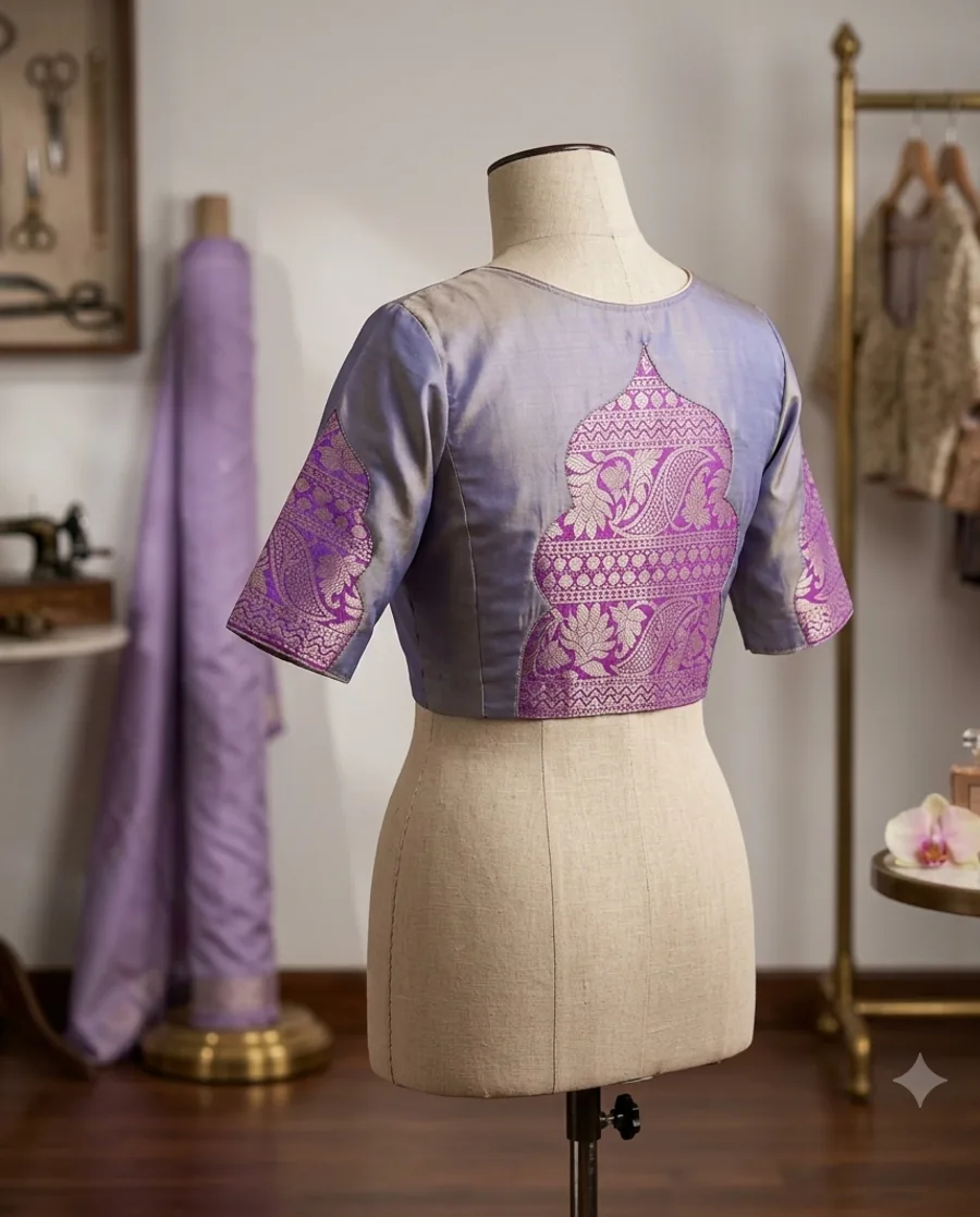 Lilac Saptami — Banarasi silk zari brocade blouse with a sweetheart neckline, styled for Saptami