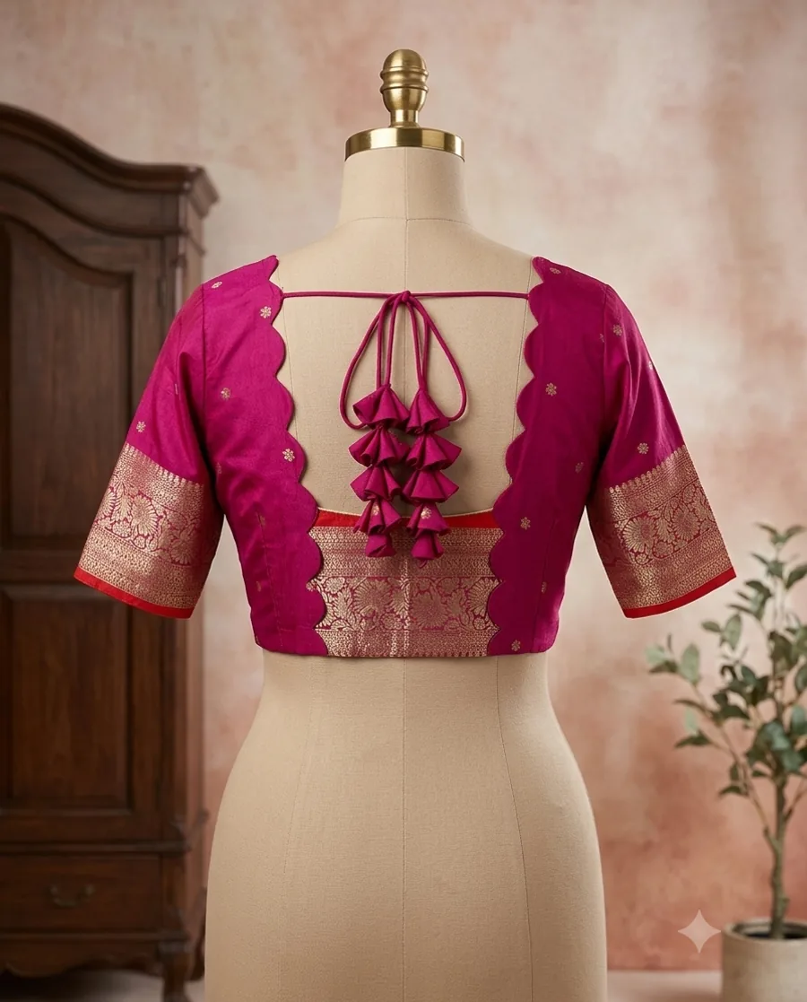 Magenta Ashtami — Banarasi silk zari brocade blouse with a scalloped neckline, styled for Ashtami