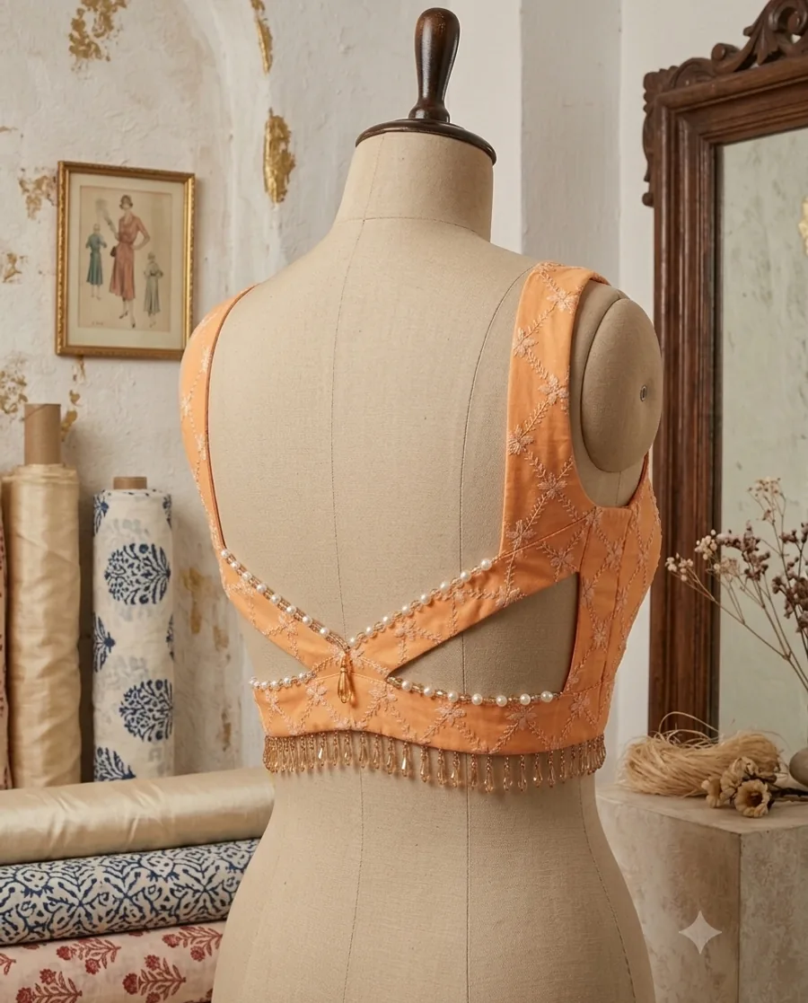 Peach Pushpanjali — Georgette thread embroidery blouse with a sweetheart neckline, styled for Ashtami