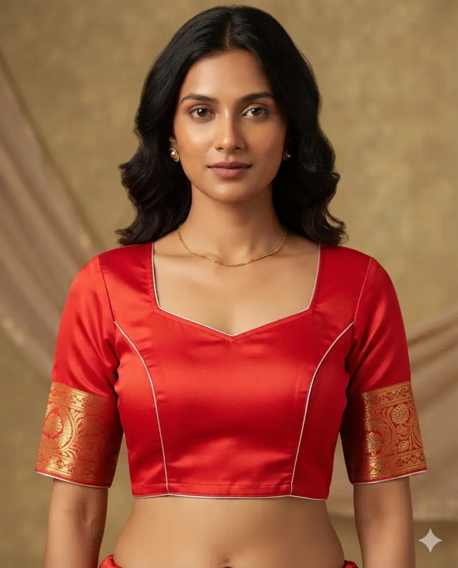 Scarlet Zari — Satin zari brocade border blouse with a square v neckline, styled for Ashtami