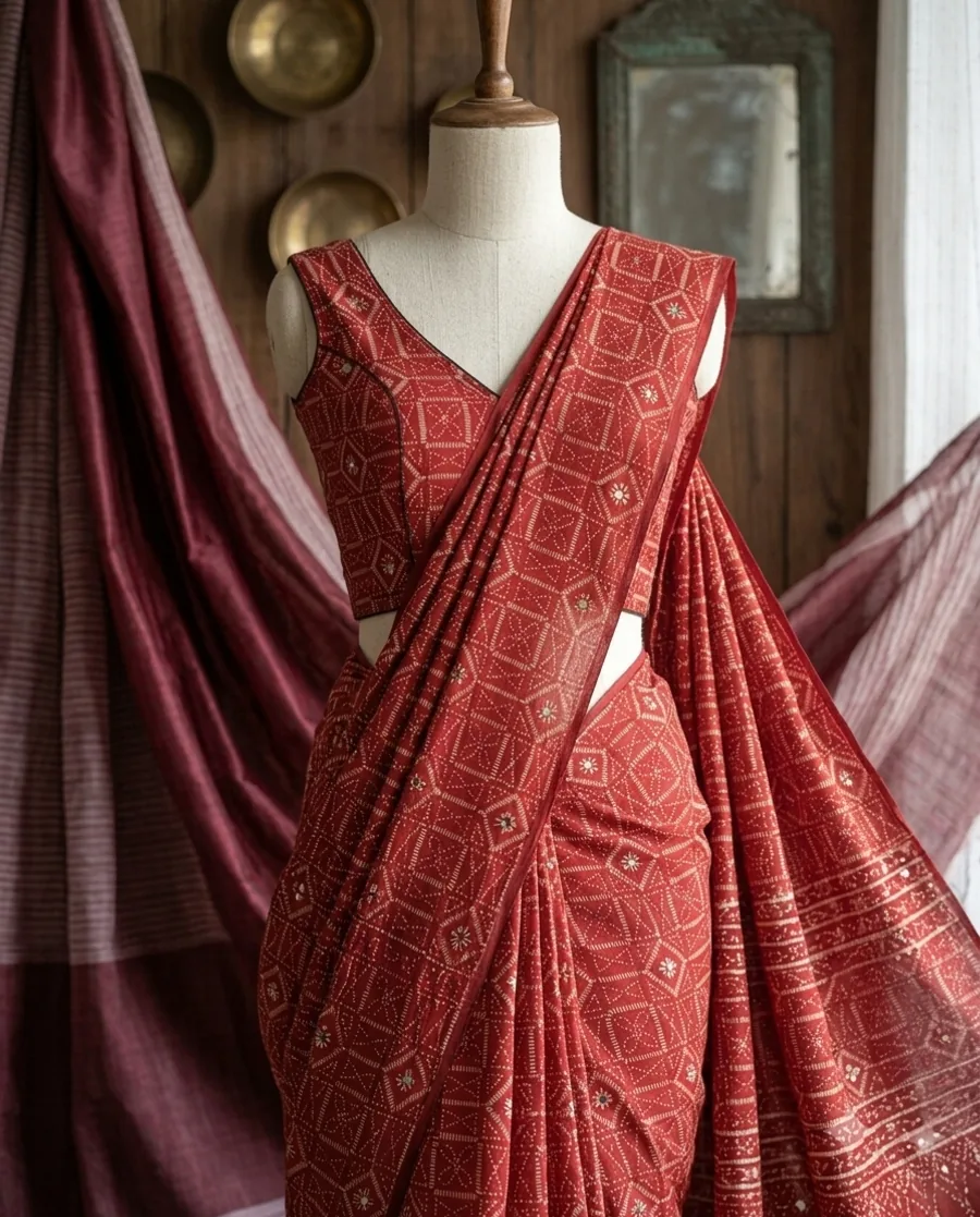 Sindoor Dashami — Cotton mirror work blouse with a deep v neckline, styled for Dashami