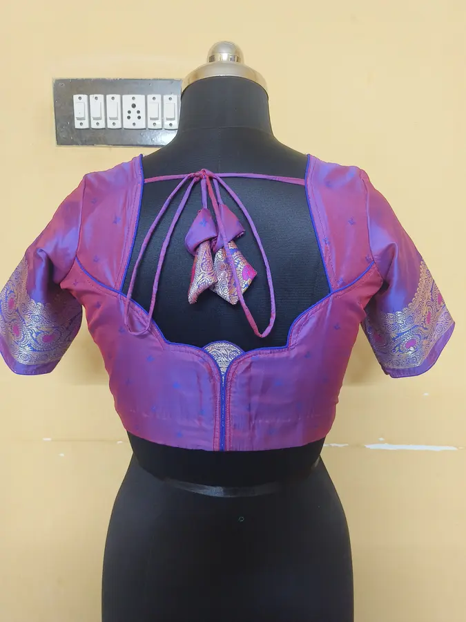 Magenta-purple silk, geometric back panels, tasseled ties